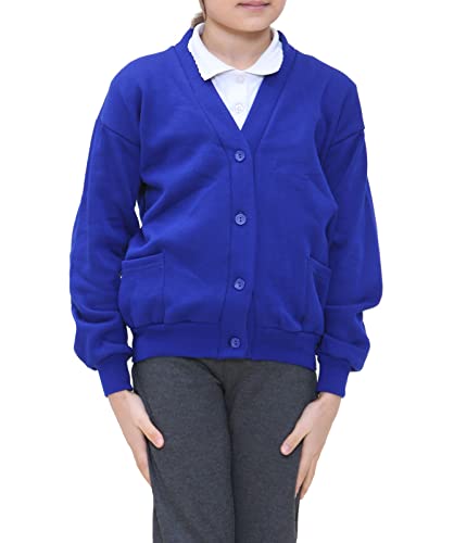 STAR FASHION New Kids Unisex School Fleece Button Cardigans for Girls/Boys Uniform Long Sleeve Buttons up Sweater Formal Plain V Neck Open Front Pockets Kid’s Cardigan Ages 2-14 Years Royal Blue
