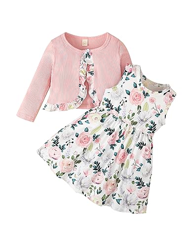 puseky Baby Girl Dress and Cardigan Set 2-3 Years Baby Girl Floral Print Sleeveless Dress and Coat Outfits Set Baby Girls Gift Pink