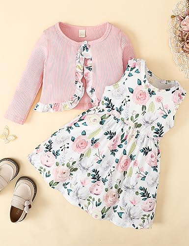 puseky Baby Girl Dress and Cardigan Set 2-3 Years Baby Girl Floral Print Sleeveless Dress and Coat Outfits Set Baby Girls Gift Pink