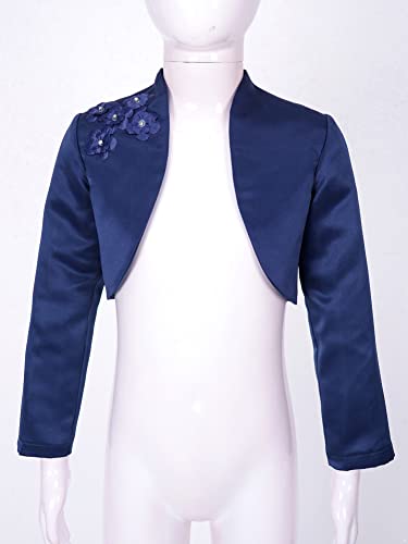 CHICTRY Girls Satin Long Sleeve Flower Bolero Shrug Short Cardigan Wedding Bridesmaid Dress Cover Up Jacket Top Navy Blue 13-14 Years