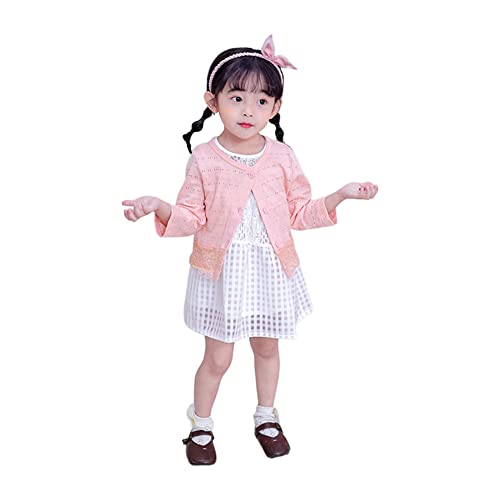 Mud Kingdom Little Girls Bolero Shrug Lace Eyelet Solid Cotton Button Down Short Cardigans Long Sleeve Cute Tops Party Pink 5 Years