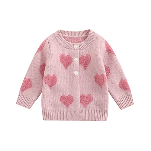 Loalirando Toddler Baby Girls Cardigan Jackets Valentine's Day Knitted Sweater Love Heart Print Long Sleeve Coats Button Knitwear (Pink, 12-18 Months)