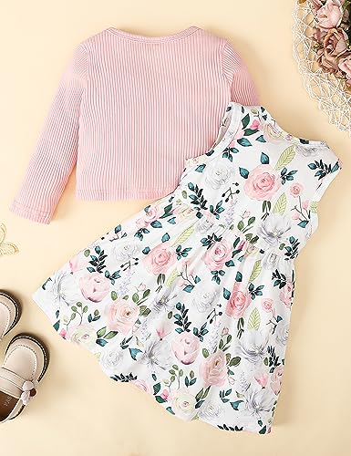 puseky Baby Girl Dress and Cardigan Set 2-3 Years Baby Girl Floral Print Sleeveless Dress and Coat Outfits Set Baby Girls Gift Pink