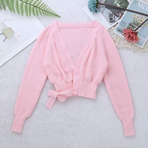 Oyolan Kids Girl Dance Wrap Top Ballet Cardigan Sweaters Knitted Long Sleeve Ballet Warm-up Top Pink- 5-6 Years