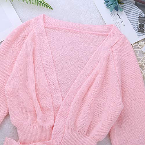 MSemis Kids Girls Ballet Dance Wrap Tops Crop Top Sweater Long Sleeve Ballerina Crossover Cardigan Dancewear Pink 3-4 Years