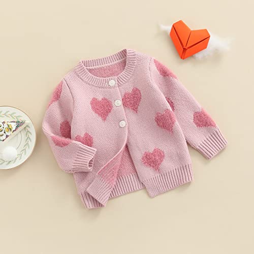 Loalirando Toddler Baby Girls Cardigan Jackets Valentine's Day Knitted Sweater Love Heart Print Long Sleeve Coats Button Knitwear (Pink, 12-18 Months)