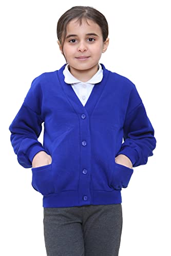 STAR FASHION New Kids Unisex School Fleece Button Cardigans for Girls/Boys Uniform Long Sleeve Buttons up Sweater Formal Plain V Neck Open Front Pockets Kid’s Cardigan Ages 2-14 Years Royal Blue