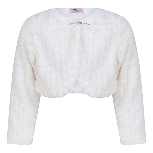 Aelstores Girls Ivory Faux Fur Special Occasion Bolero Padded Long Sleeve Tippet Shrug Diamante Clasp Fastening Quilted Snow Suit Textured Look Jacket Colour: Ivory - Size: 3-4 Years