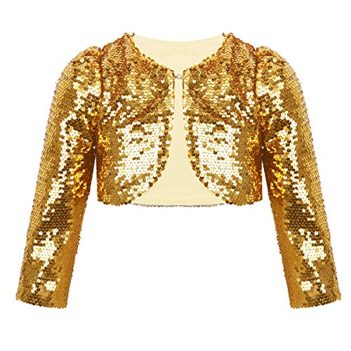 inlzdz Kids Toddler Girls Sparkle Long Sleeve Sequins Cardigan Bolero Shrug Bridesmaid Wedding Flower Dress Shawl Jacket Coat Gold 9-10 Years