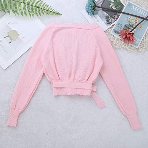 Oyolan Kids Girl Dance Wrap Top Ballet Cardigan Sweaters Knitted Long Sleeve Ballet Warm-up Top Pink- 5-6 Years