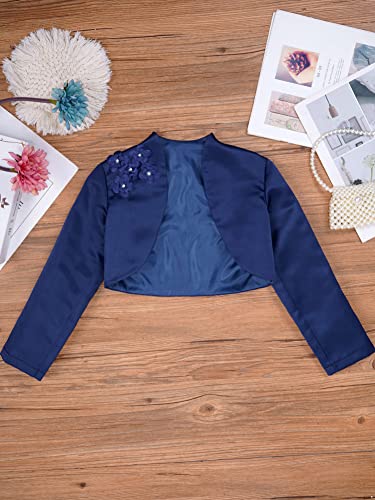 CHICTRY Girls Satin Long Sleeve Flower Bolero Shrug Short Cardigan Wedding Bridesmaid Dress Cover Up Jacket Top Navy Blue 13-14 Years