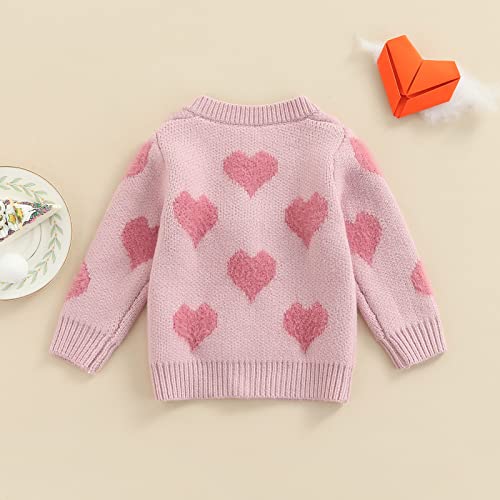 Loalirando Toddler Baby Girls Cardigan Jackets Valentine's Day Knitted Sweater Love Heart Print Long Sleeve Coats Button Knitwear (Pink, 12-18 Months)