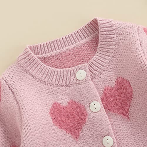 Loalirando Toddler Baby Girls Cardigan Jackets Valentine's Day Knitted Sweater Love Heart Print Long Sleeve Coats Button Knitwear (Pink, 12-18 Months)