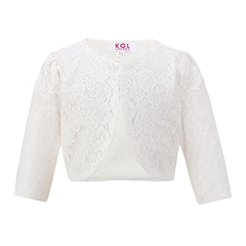 Gum & Berries Girls Long Sleeve Floral Lace Bolero Kids Shrug Cover Up Flower Design Special Occasion Smart Cardigan Look Top Ivory 13 Years