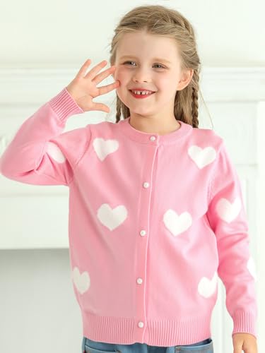 Lilhowcy Baby Girls Heart Design Crew Neck Knitwear Button Cardigan Sweaters Casual Cute Outerwear (Pink,Size110,3-4Y)