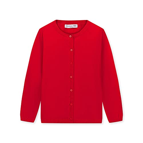 CUNYI Girls Crewneck Cardigan Lightweight Button-up Cotton Knit Sweater with Buttons School Uniform Casual Cute Coat Outerwear, Red 160