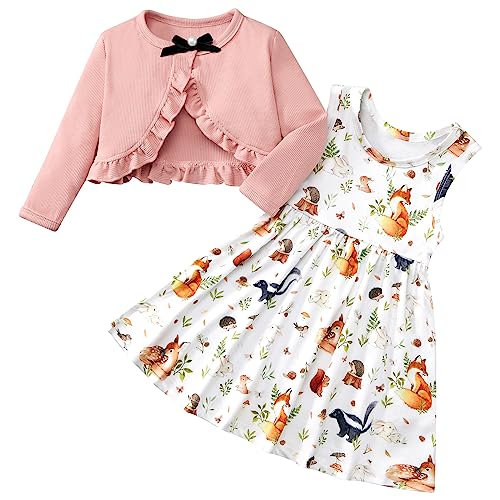 Toddler Girl Dress With Cardigan Clothes Set Kids Girls Long Sleeve Bolero Cardigan + Sundress Suit Kids Knitted Shrug Cropped Sweaters Tops Dress 2 Piece Ribbed Cardigan Dress Outfits