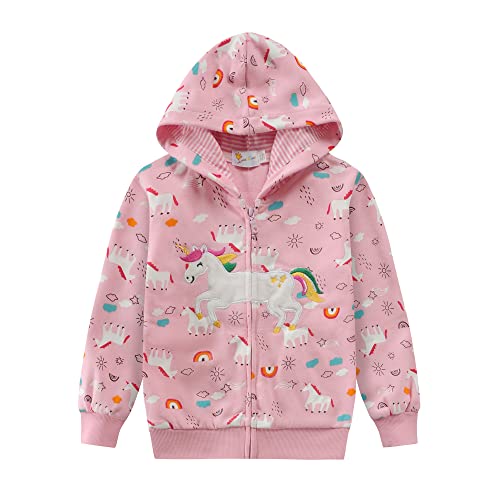 Girls Hoodie Zip Up Jumper Unicorn Bunny Horse Dinosaur Rainbow 100% Cotton Tops Long Sleeve Hooded Jackets with Hood Long Sleeve Sweatshirts for Kids 4-5 Years