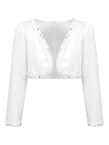 CHICTRY Girls Beaded Wedding Party Princess Bolero Shrugs Long Sleeve First Communion Cardigan Jacket White 9-10 Years