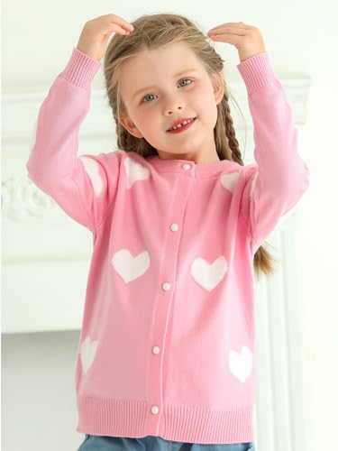 Lilhowcy Baby Girls Heart Design Crew Neck Knitwear Button Cardigan Sweaters Casual Cute Outerwear (Pink,Size110,3-4Y)