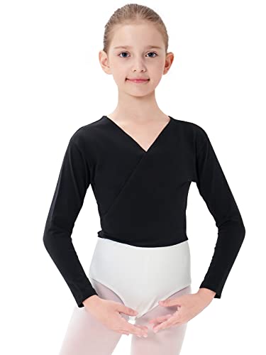 PLIKSUVER Girls Dance Wrap Top Ballet Cardigan Cotton Crossover Long Sleeve for Kids Womens Black