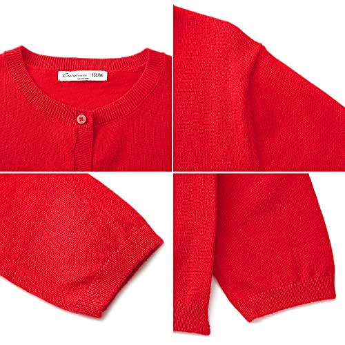 CUNYI Girls Crewneck Cardigan Lightweight Button-up Cotton Knit Sweater with Buttons School Uniform Casual Cute Coat Outerwear, Red 160