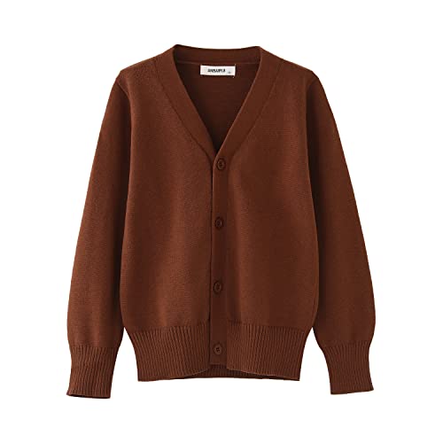 BINIDUCKLING Boys Girls V-Neck School Cardigans Long Sleeve Button-up Knitwear for School Uniform（Brown,160）