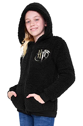 Harry Potter Sherpa Hoodie for Girls, Zip Up Fleece Fluffy Hoodie for Kids Teens (Black HP Kids, 9-10 Years)