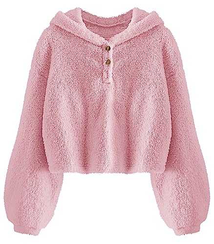 YBENLOVER Kids Girl's Fuzzy Hoodies Warm Loose Button Down Pullover Sherpa Jacket Top （Pink，160/13-14 Years）