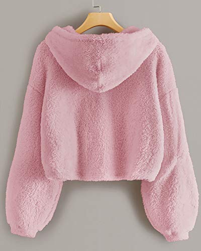 YBENLOVER Kids Girl's Fuzzy Hoodies Warm Loose Button Down Pullover Sherpa Jacket Top （Pink，160/13-14 Years）