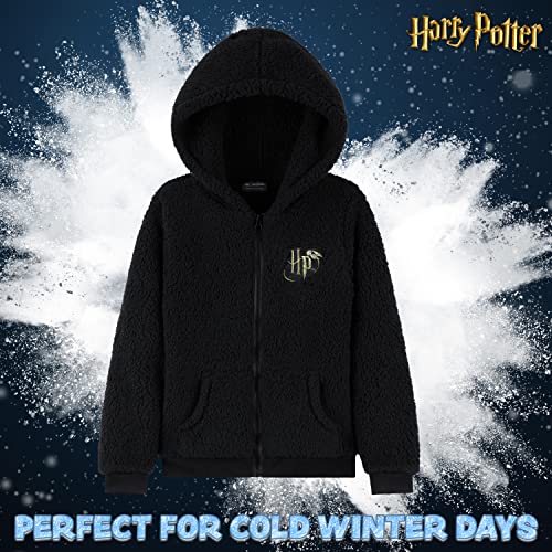 Harry Potter Sherpa Hoodie for Girls, Zip Up Fleece Fluffy Hoodie for Kids Teens (Black HP Kids, 9-10 Years)