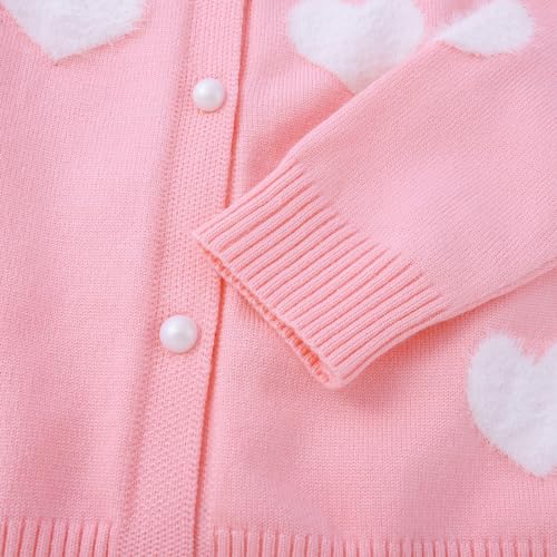 Lilhowcy Baby Girls Heart Design Crew Neck Knitwear Button Cardigan Sweaters Casual Cute Outerwear (Pink,Size110,3-4Y)