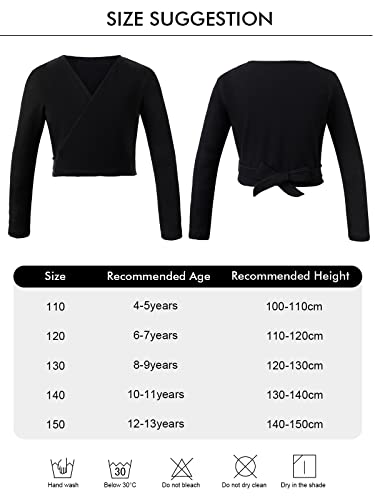 PLIKSUVER Girls Dance Wrap Top Ballet Cardigan Cotton Crossover Long Sleeve for Kids Womens Black