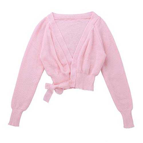 Freebily Girls Ballet Dance Cross-Over Cardigan Knit Wrap Top Warm-up Dancewear Sweater for Kids (Side Ties Pink, 3-4 Years)