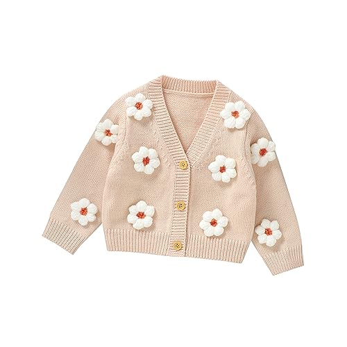 M9ppzzur7 Toddler Baby Girls' Knit Cardigan Sweaters Button Three-Dimensional Crochet Flower Fall Winter Warm Knit Sweater Infant Clothes (Apricot, 12-18 Months)