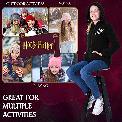 Harry Potter Sherpa Hoodie for Girls, Zip Up Fleece Fluffy Hoodie for Kids Teens (Black HP Kids, 9-10 Years)