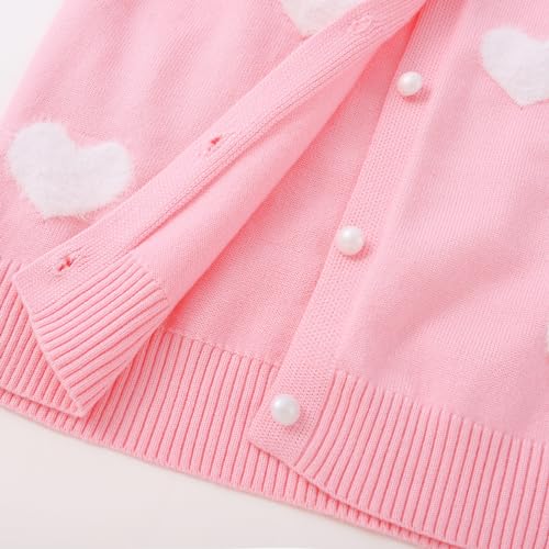 Lilhowcy Baby Girls Heart Design Crew Neck Knitwear Button Cardigan Sweaters Casual Cute Outerwear (Pink,Size110,3-4Y)