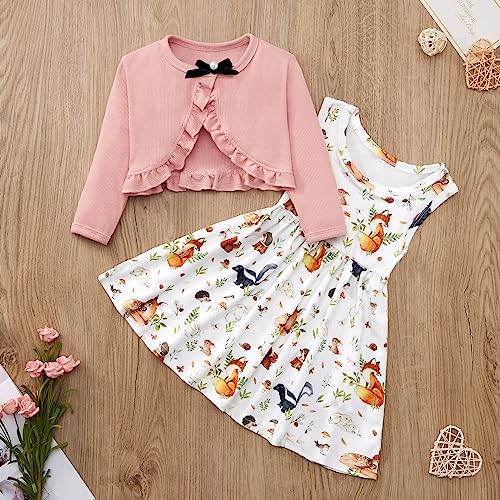 Toddler Girl Dress With Cardigan Clothes Set Kids Girls Long Sleeve Bolero Cardigan + Sundress Suit Kids Knitted Shrug Cropped Sweaters Tops Dress 2 Piece Ribbed Cardigan Dress Outfits
