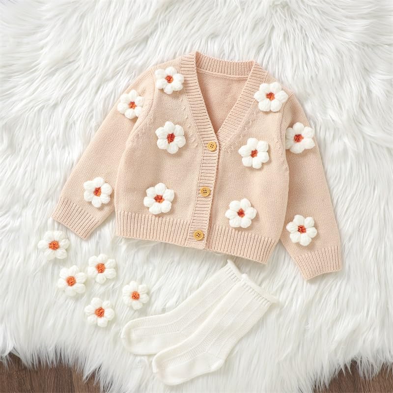 M9ppzzur7 Toddler Baby Girls' Knit Cardigan Sweaters Button Three-Dimensional Crochet Flower Fall Winter Warm Knit Sweater Infant Clothes (Apricot, 12-18 Months)