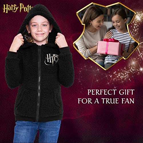 Harry Potter Sherpa Hoodie for Girls, Zip Up Fleece Fluffy Hoodie for Kids Teens (Black HP Kids, 9-10 Years)