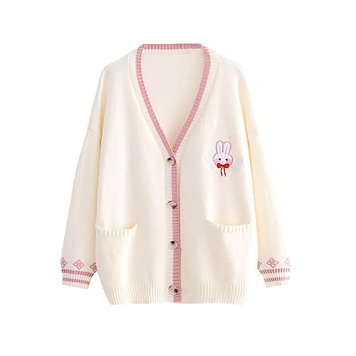 Himifashion Cute Knitted Cardigan Teen Girls Kawaii Bunny Embroidery Long Sleeve Sweater with Pockets V Neck Knitwear (White), One Size (HM-352)