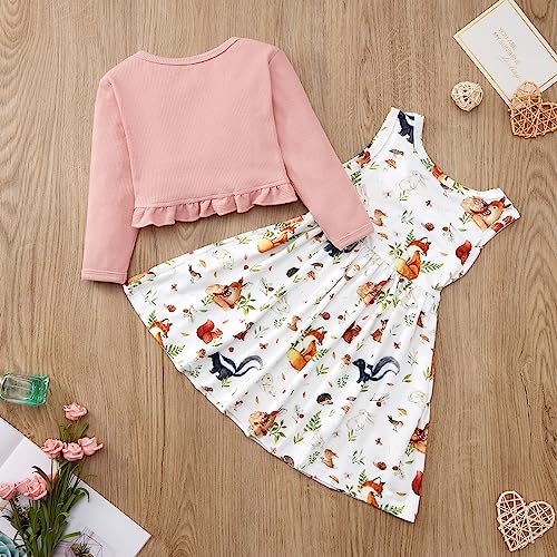 Toddler Girl Dress With Cardigan Clothes Set Kids Girls Long Sleeve Bolero Cardigan + Sundress Suit Kids Knitted Shrug Cropped Sweaters Tops Dress 2 Piece Ribbed Cardigan Dress Outfits