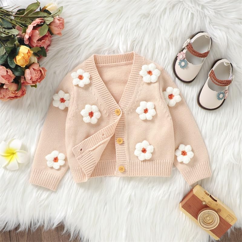 M9ppzzur7 Toddler Baby Girls' Knit Cardigan Sweaters Button Three-Dimensional Crochet Flower Fall Winter Warm Knit Sweater Infant Clothes (Apricot, 12-18 Months)