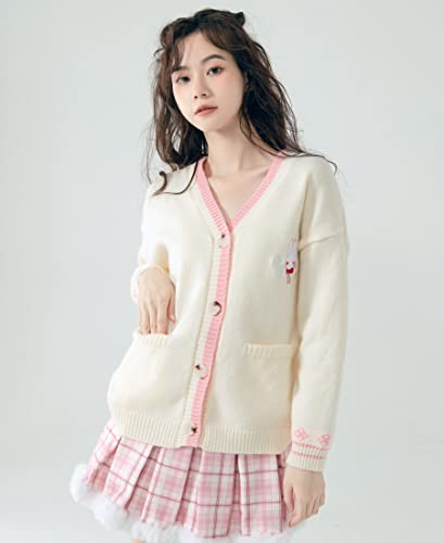 Himifashion Cute Knitted Cardigan Teen Girls Kawaii Bunny Embroidery Long Sleeve Sweater with Pockets V Neck Knitwear (White), One Size (HM-352)