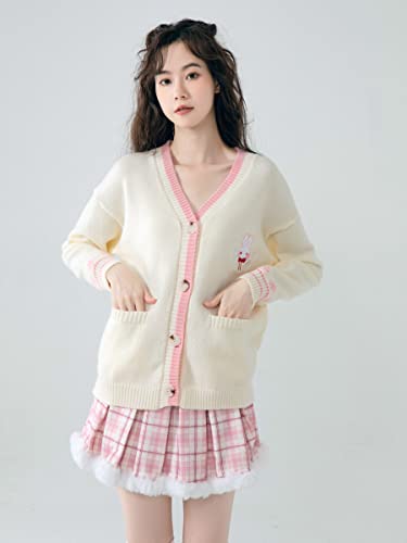 Himifashion Cute Knitted Cardigan Teen Girls Kawaii Bunny Embroidery Long Sleeve Sweater with Pockets V Neck Knitwear (White), One Size (HM-352)