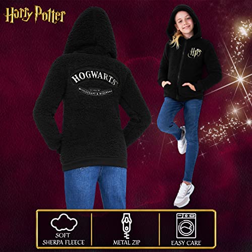 Harry Potter Sherpa Hoodie for Girls, Zip Up Fleece Fluffy Hoodie for Kids Teens (Black HP Kids, 9-10 Years)