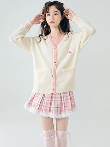 Himifashion Cute Knitted Cardigan Teen Girls Kawaii Bunny Embroidery Long Sleeve Sweater with Pockets V Neck Knitwear (White), One Size (HM-352)