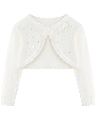 Domee Girls Knitted Cardigan Cotton Bolero Shrug Long Sleeve Solid Colour Cream White 8-10 Years (Manufacturer Size 140)