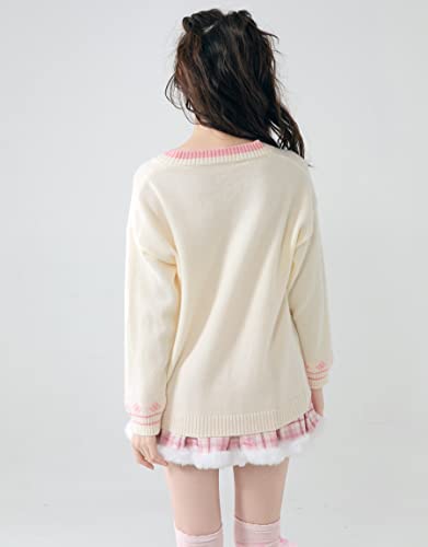 Himifashion Cute Knitted Cardigan Teen Girls Kawaii Bunny Embroidery Long Sleeve Sweater with Pockets V Neck Knitwear (White), One Size (HM-352)