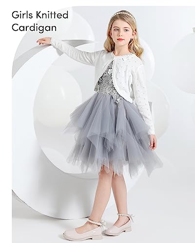 Domee Girls Knitted Cardigan Cotton Bolero Shrug Long Sleeve Solid Colour Cream White 8-10 Years (Manufacturer Size 140)